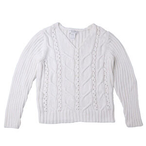 VTG Worthington Sweater Women's M Petite White Knit Cotton V-Neck Cottagecore